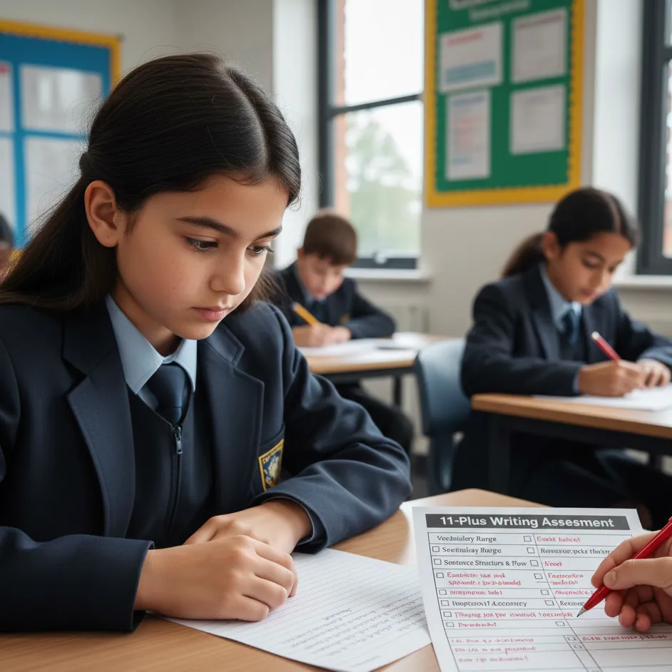 11-Plus student preparing for entrance exam writing